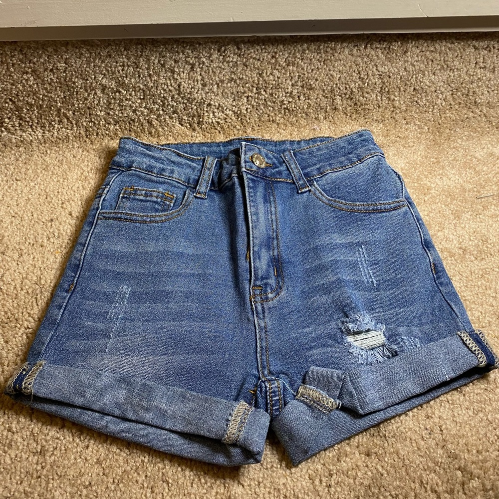 High Waist Ripped Roll Up Hem Denim Shorts